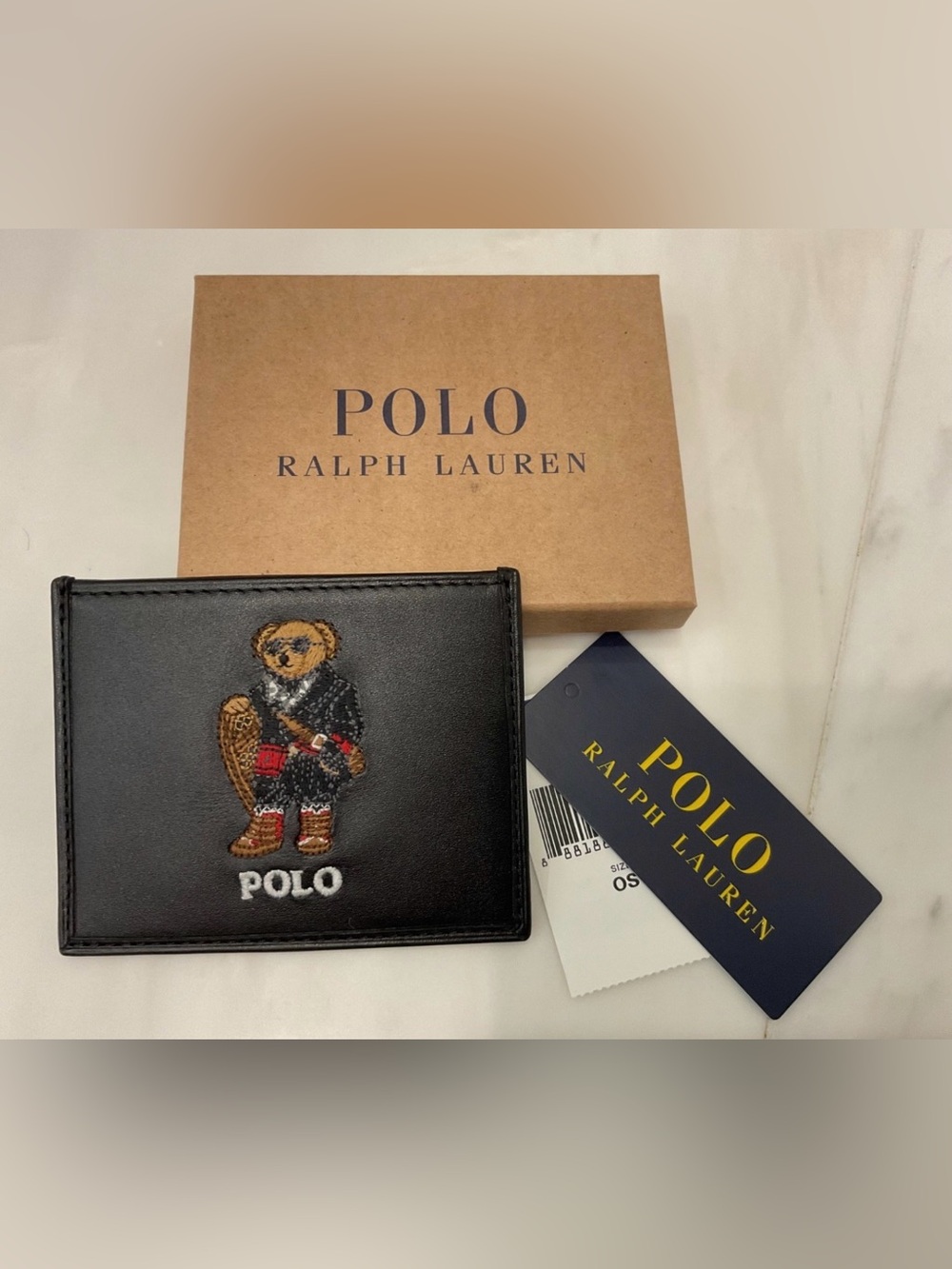 NEW Polo Ralph Lauren HOLIDAY SNOWSHOE BEAR Leather Slim Card Case Wallet BLACK